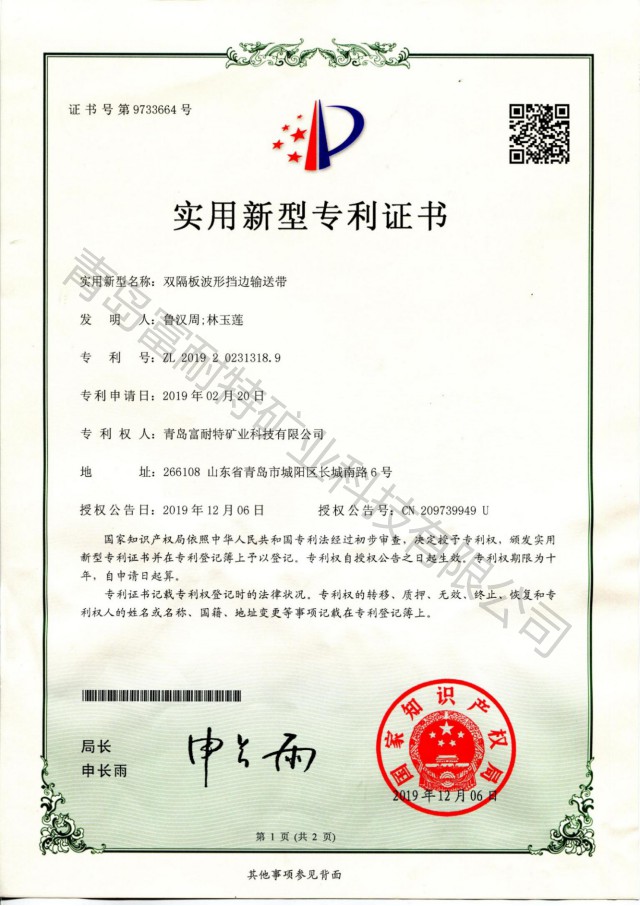 双隔板波形挡边输送带 **证书