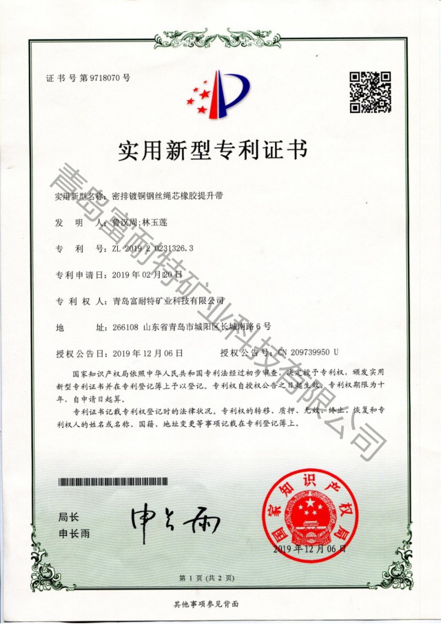 密排镀铜钢丝绳芯橡胶提升带 **证书